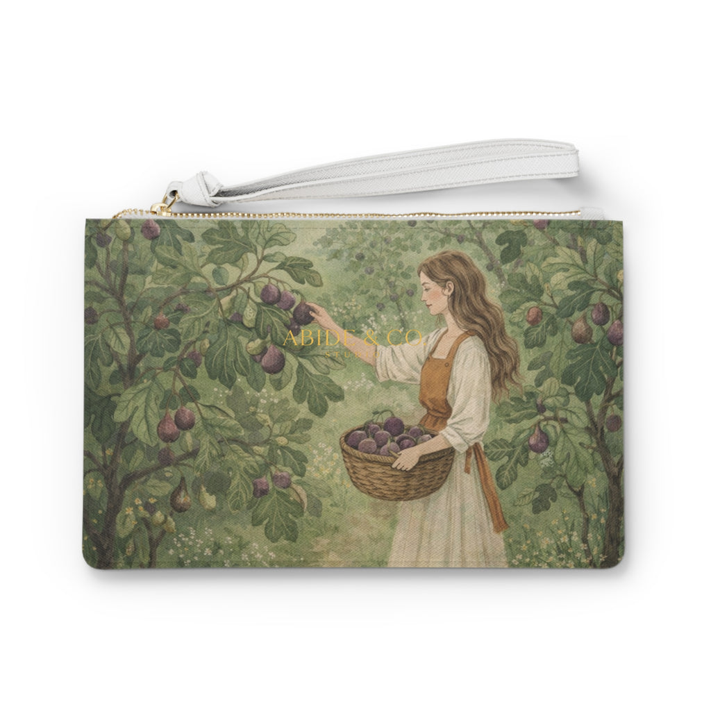 Woman Picking Plums Clutch Bag | Vintage Orchard Illustration